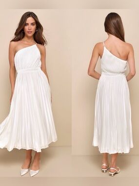 Lulus | Alluring Marvel Ivory Pleated Satin One-Shoulder Midi Dress